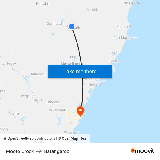 Moore Creek to Barangaroo map
