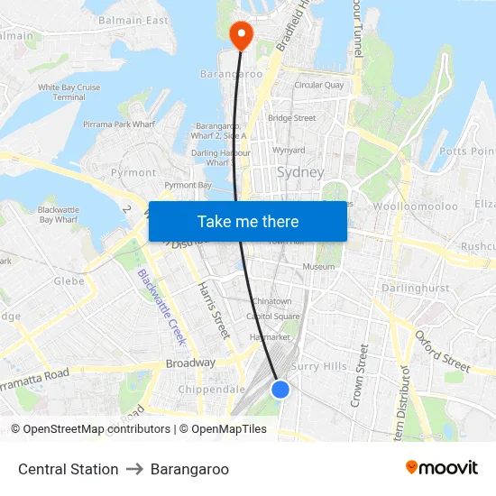 Central Station to Barangaroo map