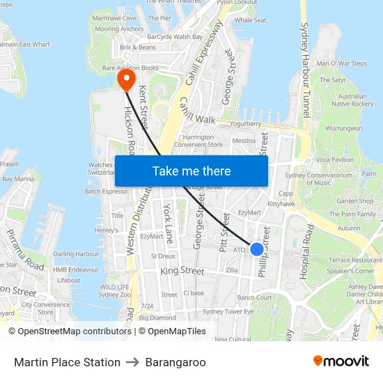 Martin Place Station to Barangaroo map