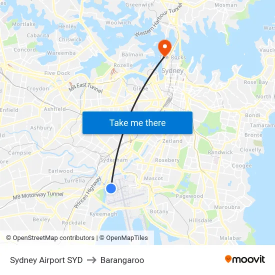 Sydney Airport SYD to Barangaroo map