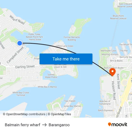 Balmain ferry wharf to Barangaroo map