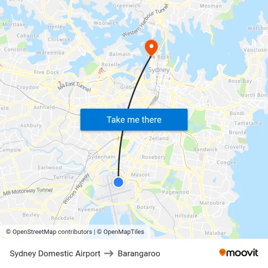 Sydney Domestic Airport to Barangaroo map