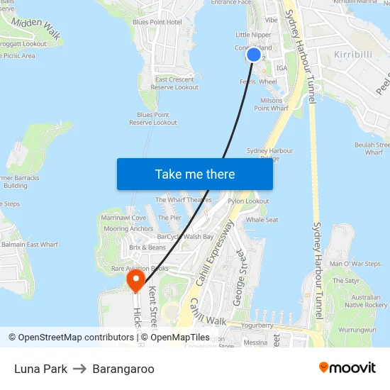 Luna Park to Barangaroo map