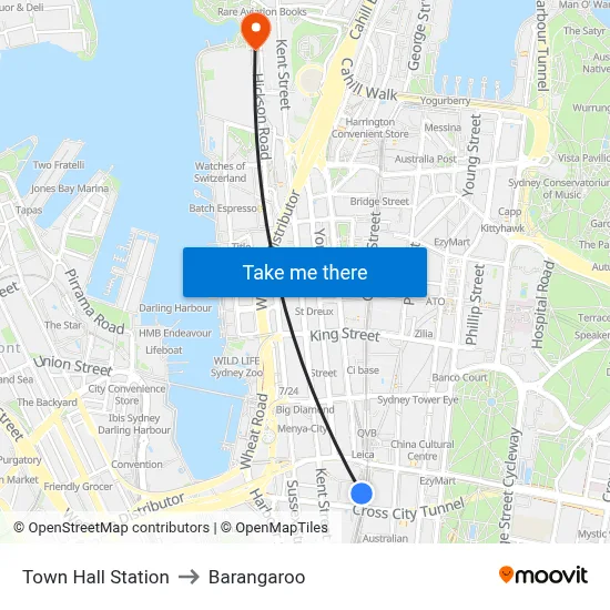 Town Hall Station to Barangaroo map