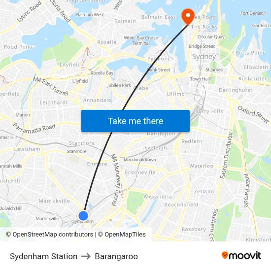 Sydenham Station to Barangaroo map