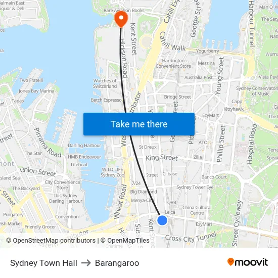 Sydney Town Hall to Barangaroo map