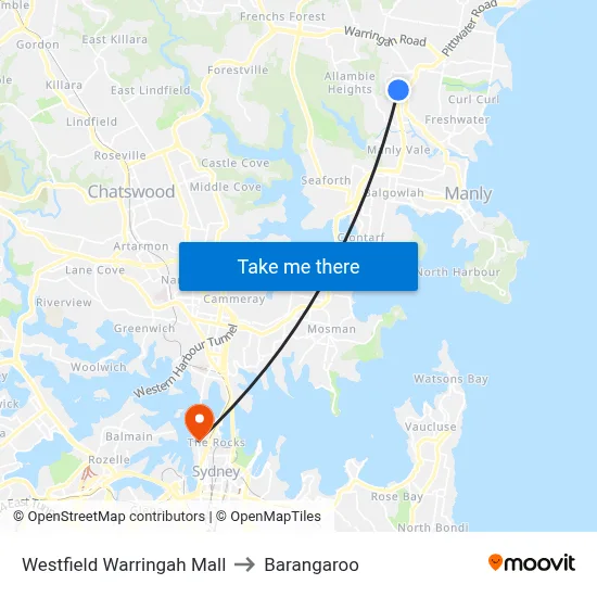 Westfield Warringah Mall to Barangaroo map