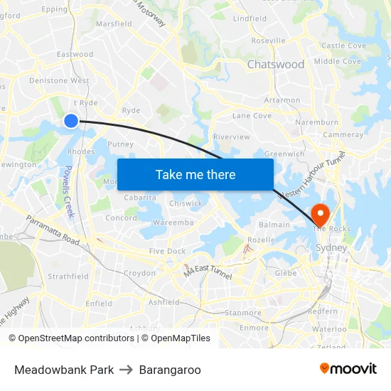 Meadowbank Park to Barangaroo map