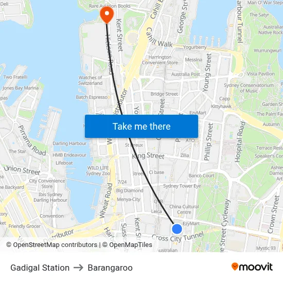 Gadigal Station to Barangaroo map