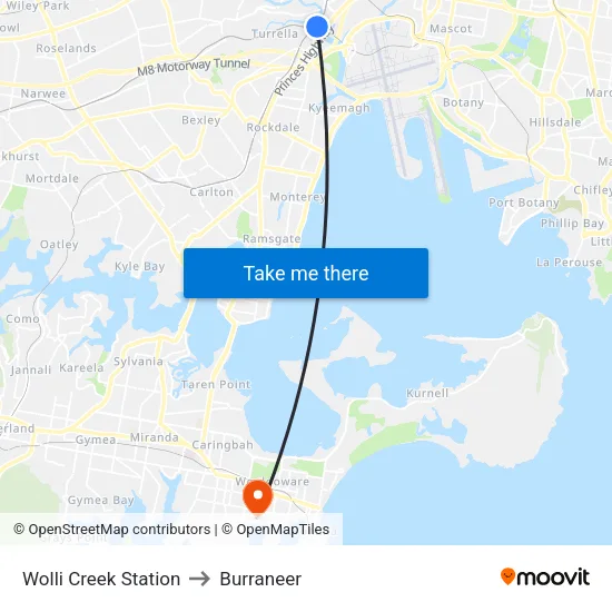 Wolli Creek Station to Burraneer map