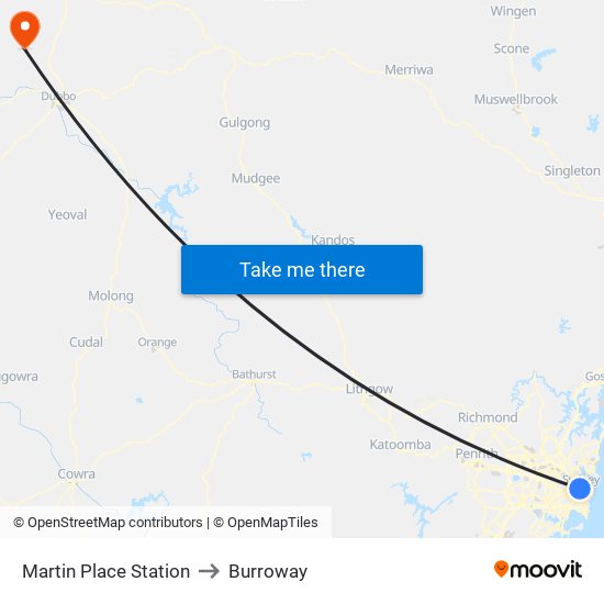 Martin Place Station to Burroway map