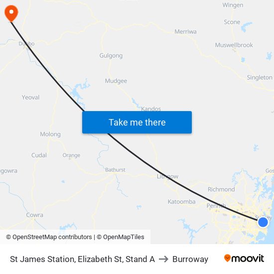 St James Station, Elizabeth St, Stand A to Burroway map