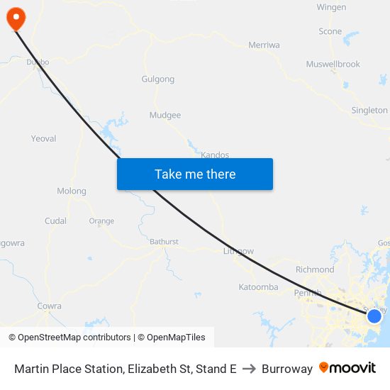 Martin Place Station, Elizabeth St, Stand E to Burroway map