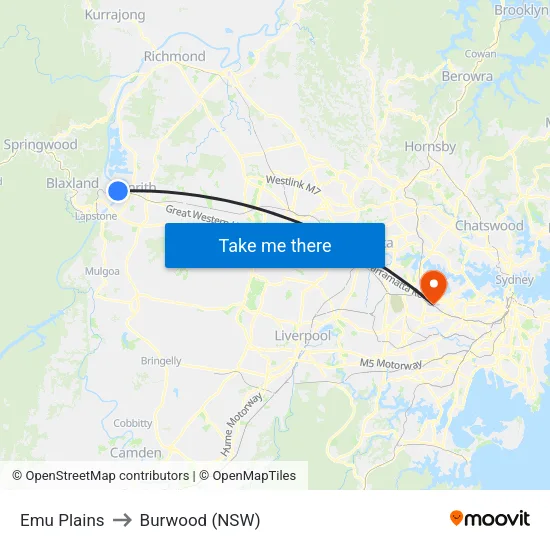 Emu Plains to Burwood (NSW) map