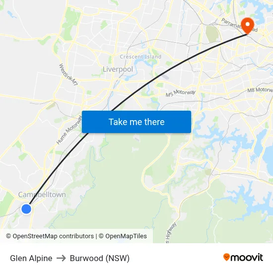 Glen Alpine to Burwood (NSW) map