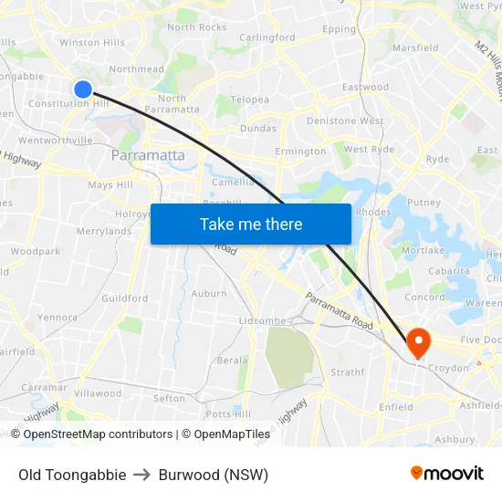 Old Toongabbie to Burwood (NSW) map