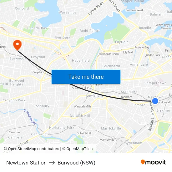 Newtown Station to Burwood (NSW) map