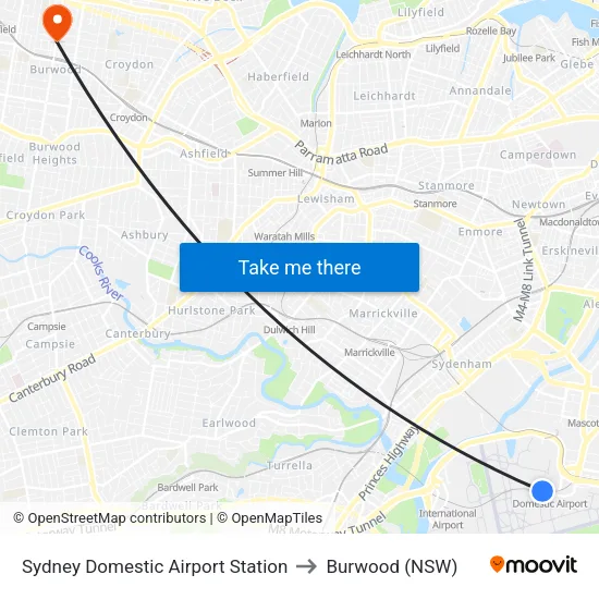 Sydney Domestic Airport Station to Burwood (NSW) map