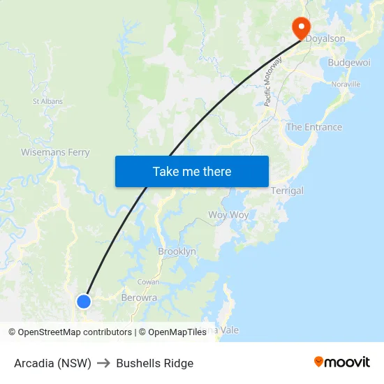 Arcadia (NSW) to Bushells Ridge map