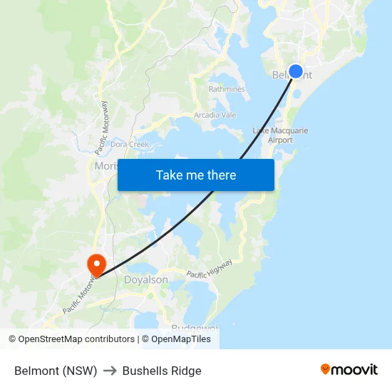 Belmont (NSW) to Bushells Ridge map