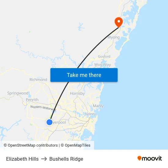 Elizabeth Hills to Bushells Ridge map