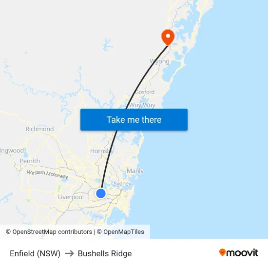 Enfield (NSW) to Bushells Ridge map