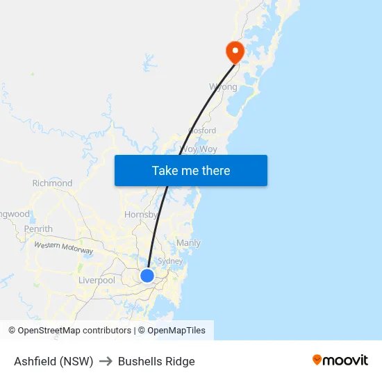 Ashfield (NSW) to Bushells Ridge map