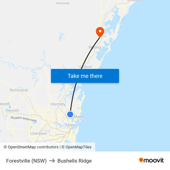 Forestville (NSW) to Bushells Ridge map