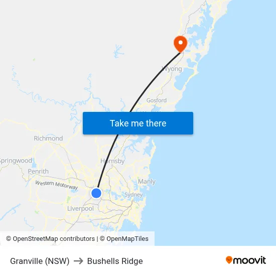 Granville (NSW) to Bushells Ridge map