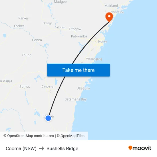 Cooma (NSW) to Bushells Ridge map