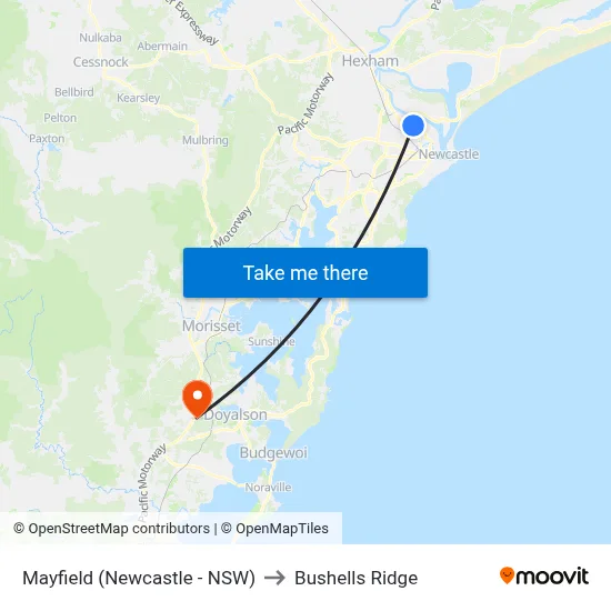 Mayfield (Newcastle - NSW) to Bushells Ridge map
