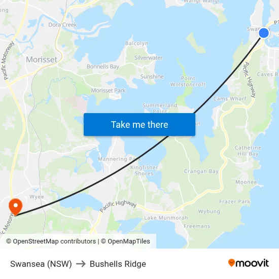 Swansea (NSW) to Bushells Ridge map