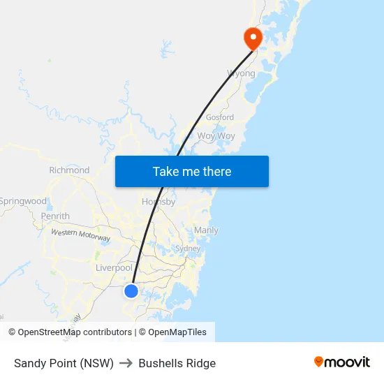 Sandy Point (NSW) to Bushells Ridge map