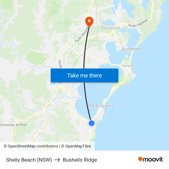 Shelly Beach (NSW) to Bushells Ridge map