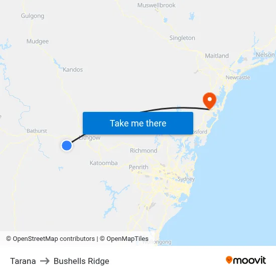 Tarana to Bushells Ridge map