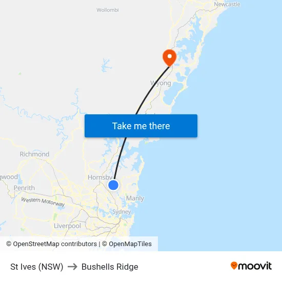 St Ives (NSW) to Bushells Ridge map