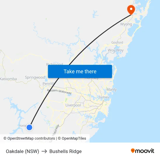 Oakdale (NSW) to Bushells Ridge map