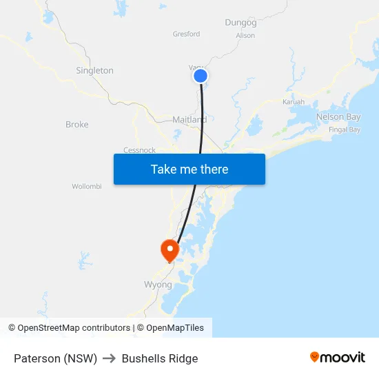 Paterson (NSW) to Bushells Ridge map