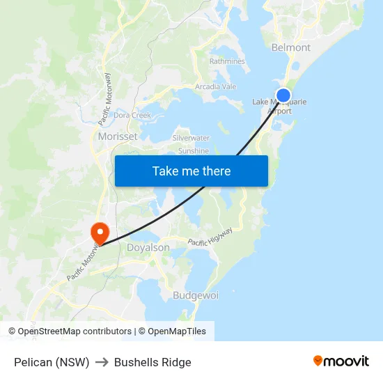 Pelican (NSW) to Bushells Ridge map