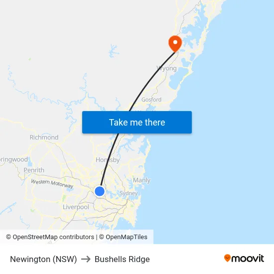 Newington (NSW) to Bushells Ridge map