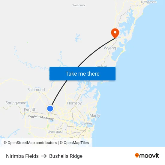 Nirimba Fields to Bushells Ridge map