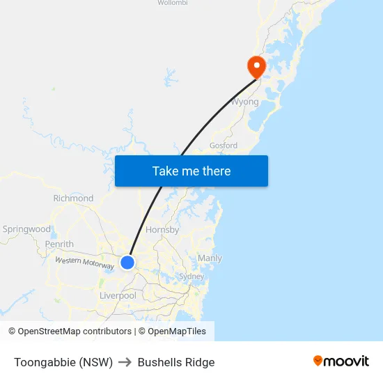 Toongabbie (NSW) to Bushells Ridge map