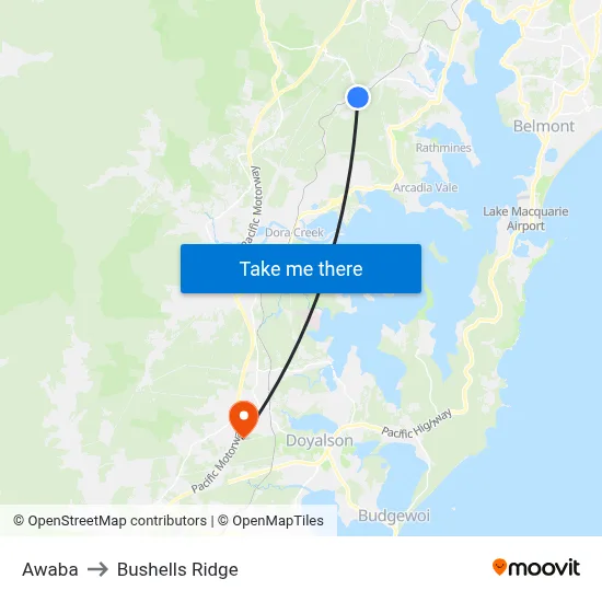 Awaba to Bushells Ridge map