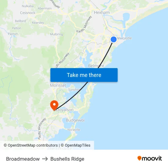 Broadmeadow to Bushells Ridge map
