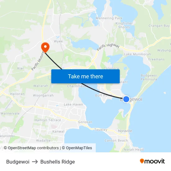 Budgewoi to Bushells Ridge map