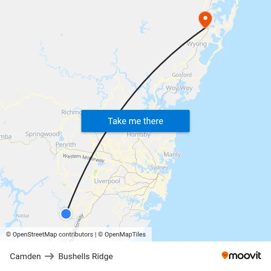 Camden to Bushells Ridge map