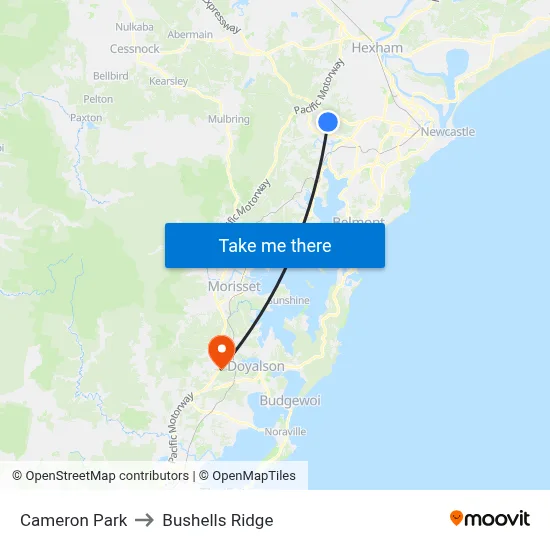 Cameron Park to Bushells Ridge map