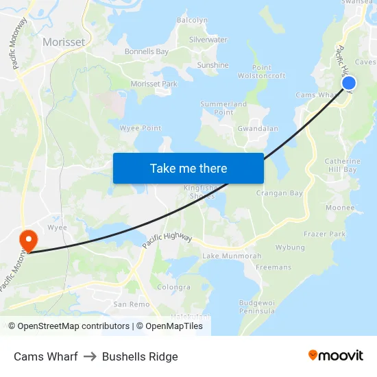 Cams Wharf to Bushells Ridge map