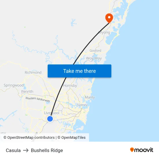 Casula to Bushells Ridge map