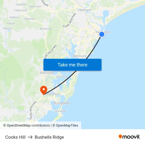 Cooks Hill to Bushells Ridge map